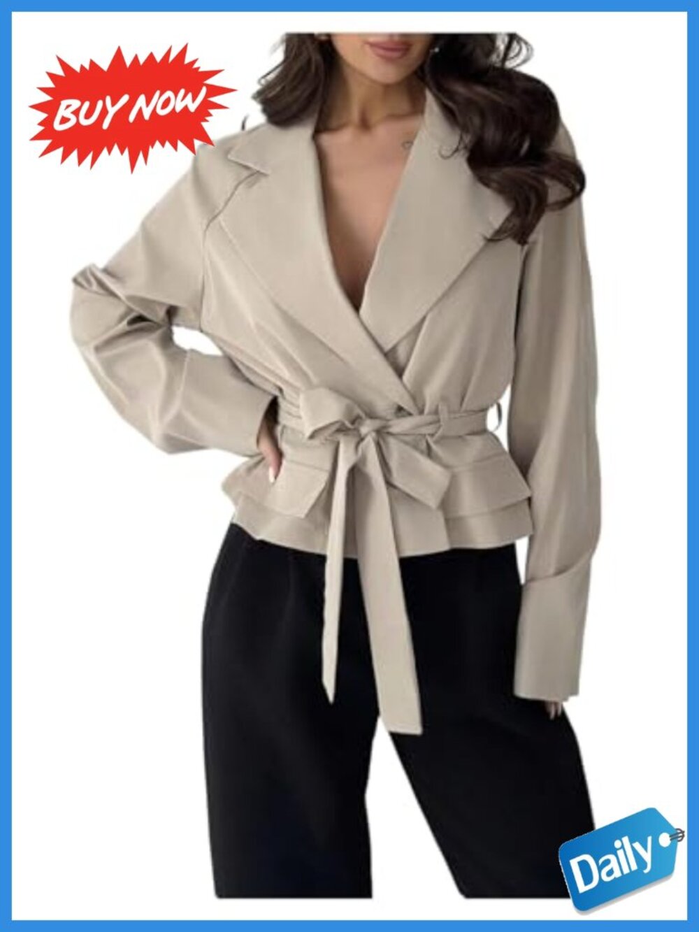 Double Breasted Trench Coat Tie Belt Collared Fall Outerwear